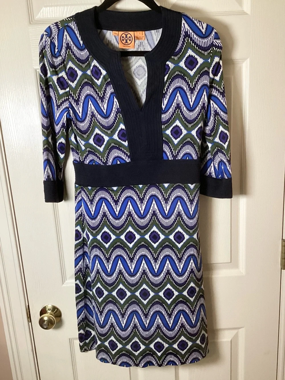Tory Burch Blue & Green Geometric Silk Midi Dress with Black Trim - Size S